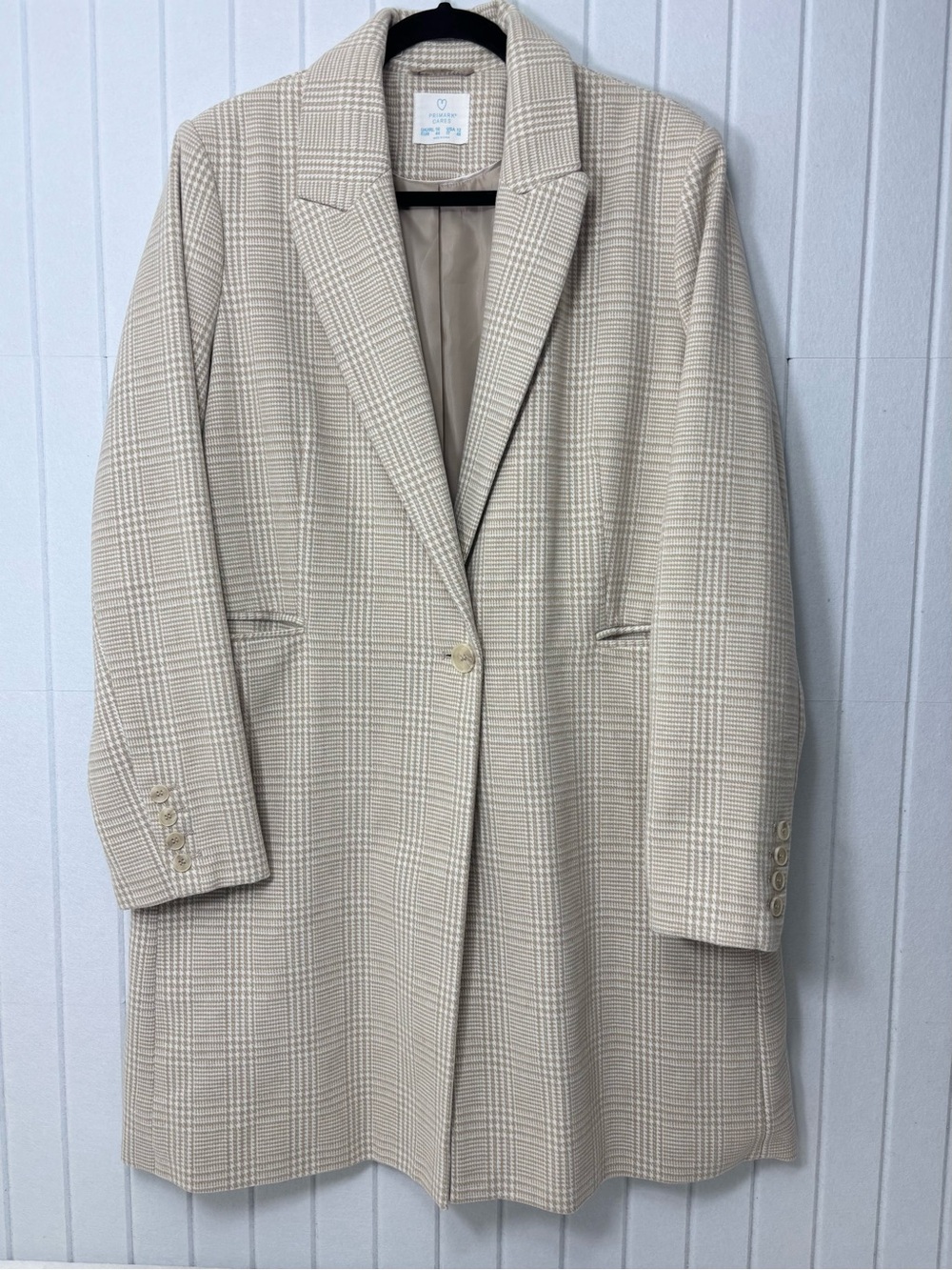 Primark Cream Plaid Long Blazer Jacket Size 12 - Picture 2 of 13